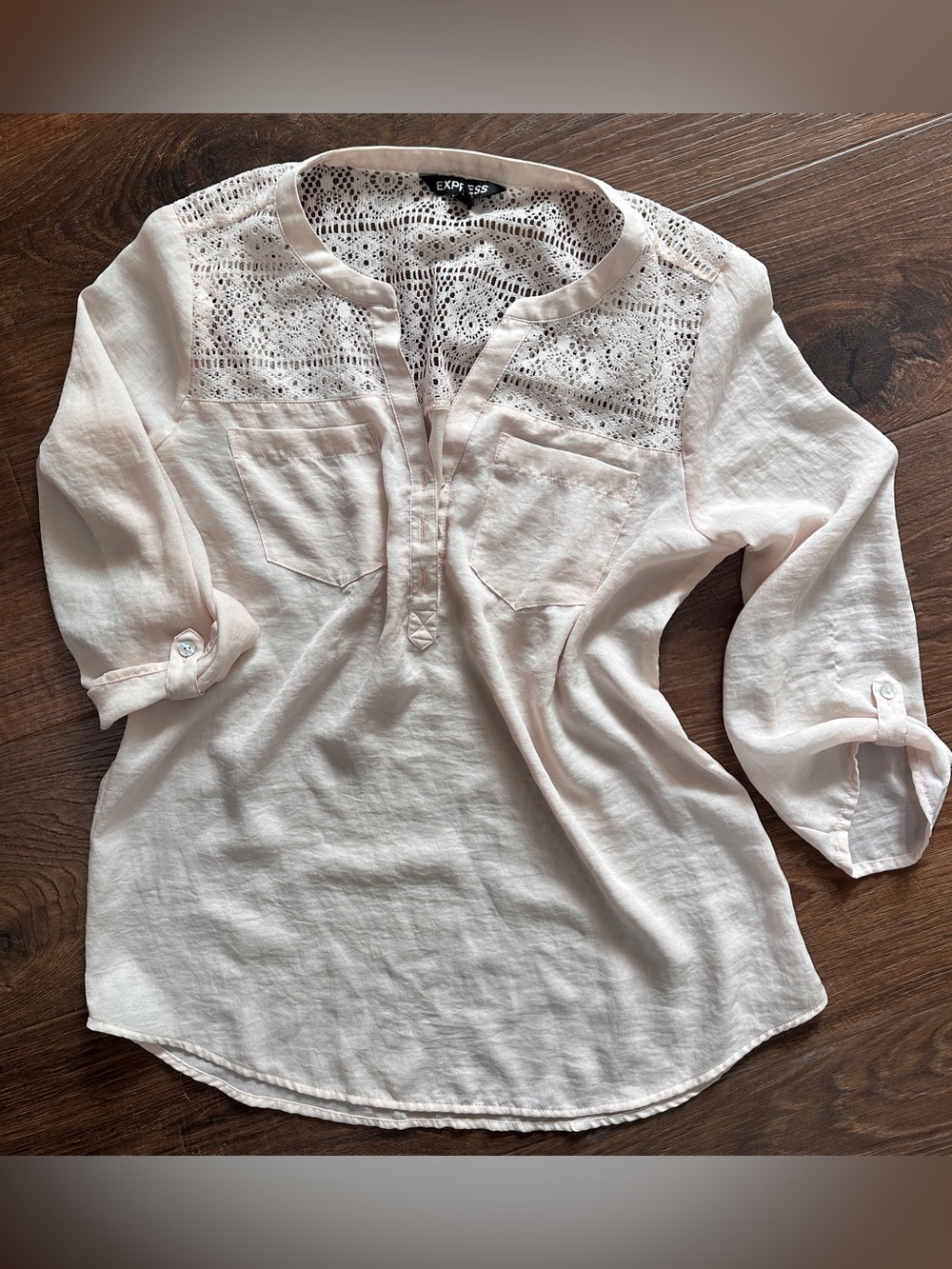Express Pale Blush Crochet Yoke Tunic Top